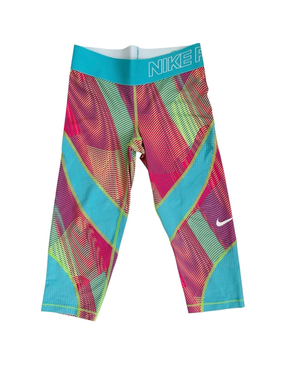 Nike Pro Bright Multicolor Pattern Cropped Leggings - Teal, Pink & Lime M 10/12